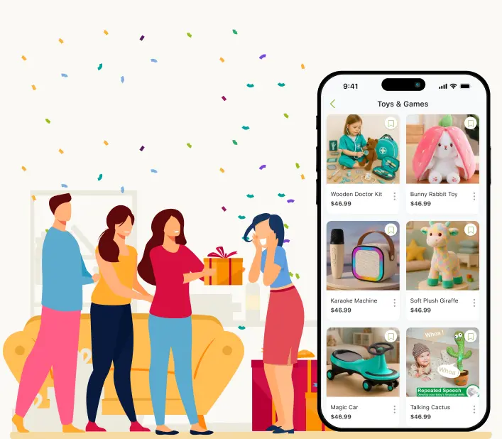 Couple exchanging presents and GyftPro app suggesting gift ideas for mom
